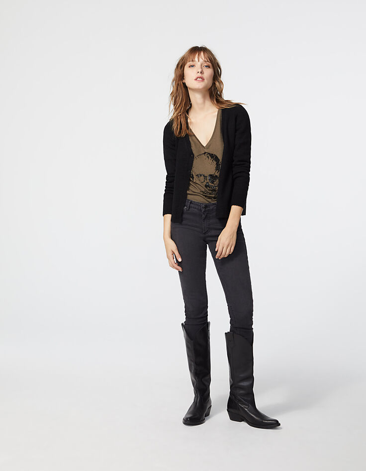 Damen-T-Shirt aus Baumwollmodal mit Totenkopf und Perlen-6