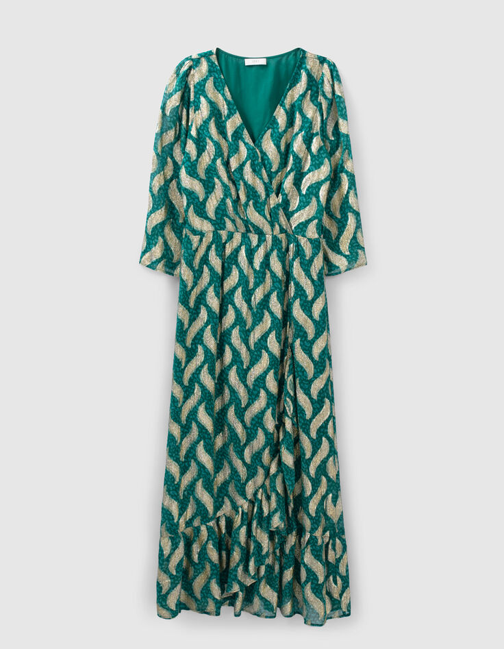 Robe longue émeraude imprimé feuilles dorées Femme-5