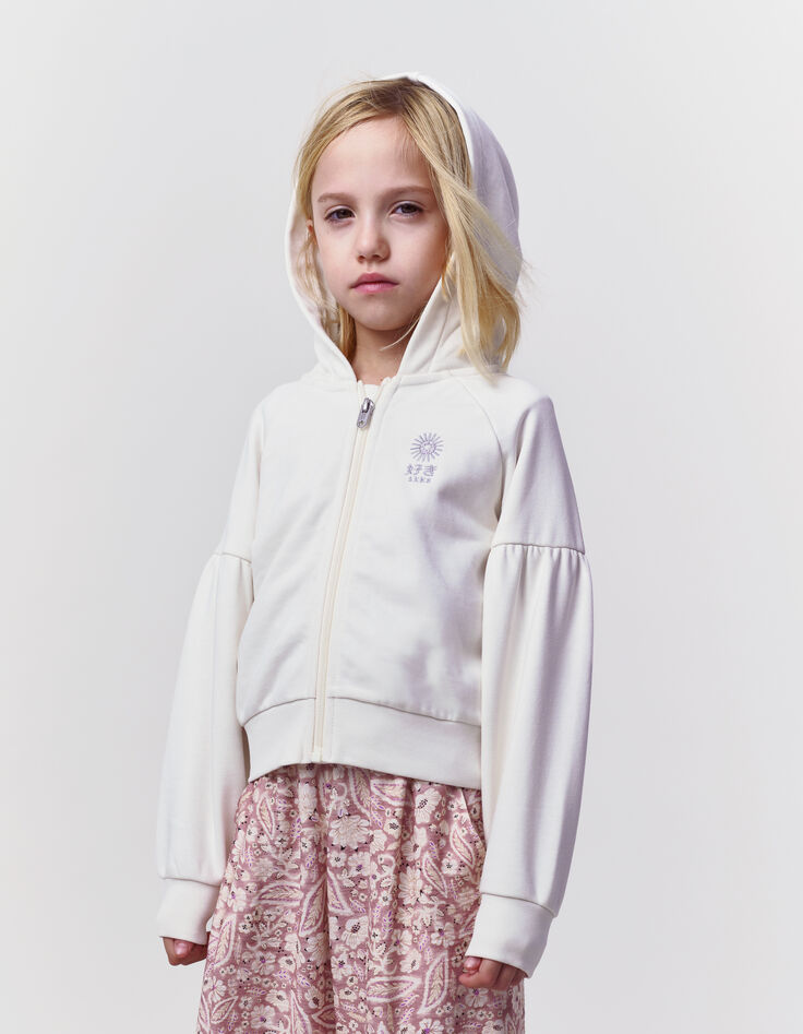 Cardigan écru zippé brodé à capuche fille-1