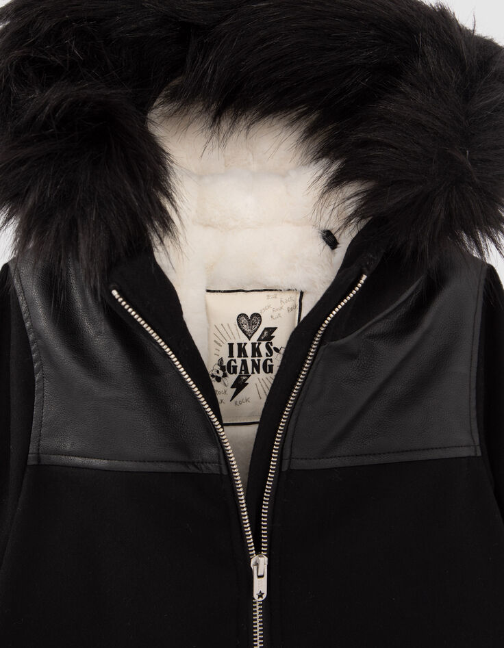 Manteau noir bi matière fourré fille-6