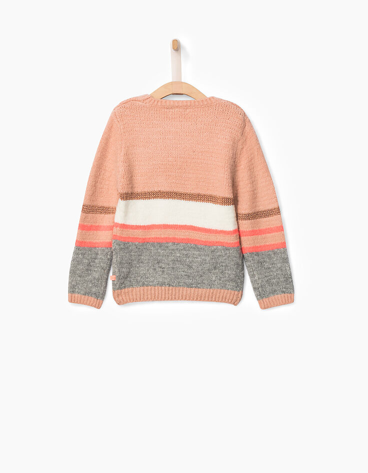 Pull rose à rayures rose fluo, blanc, gris fille-3 Pull rose à rayures rose fluo, blanc, gris fille-3