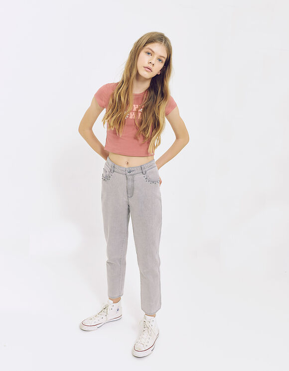 Girls’ light grey studded organic mom jeans