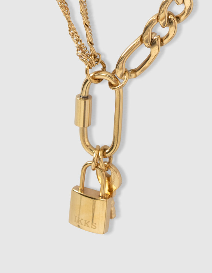 Collar largo mezcla cadenas candados y llaves dorado mujer-3