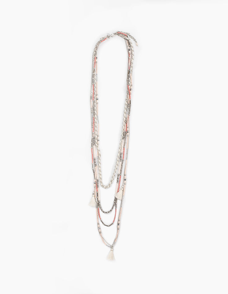 Collier sautoir multirangs perles colorées pompons femme-1