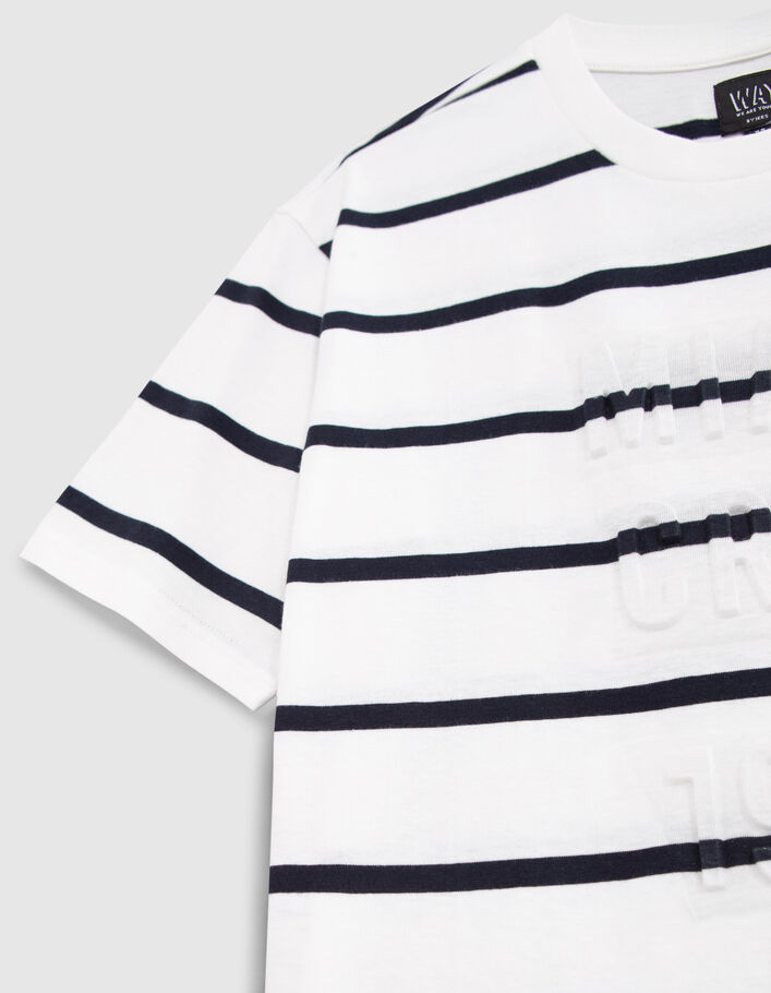 T-shirt blanc coton bio visuel logo WAY rayures garçon - IKKS