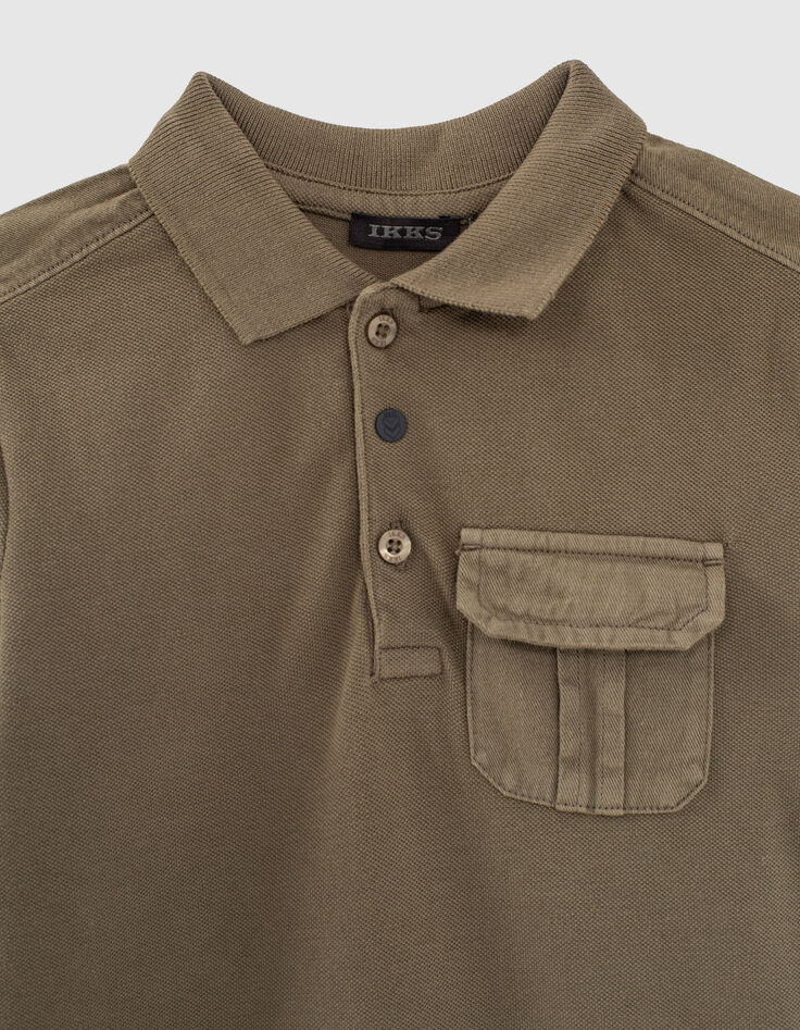 Boys’ dark khaki letter embroidery organic polo shirt-2