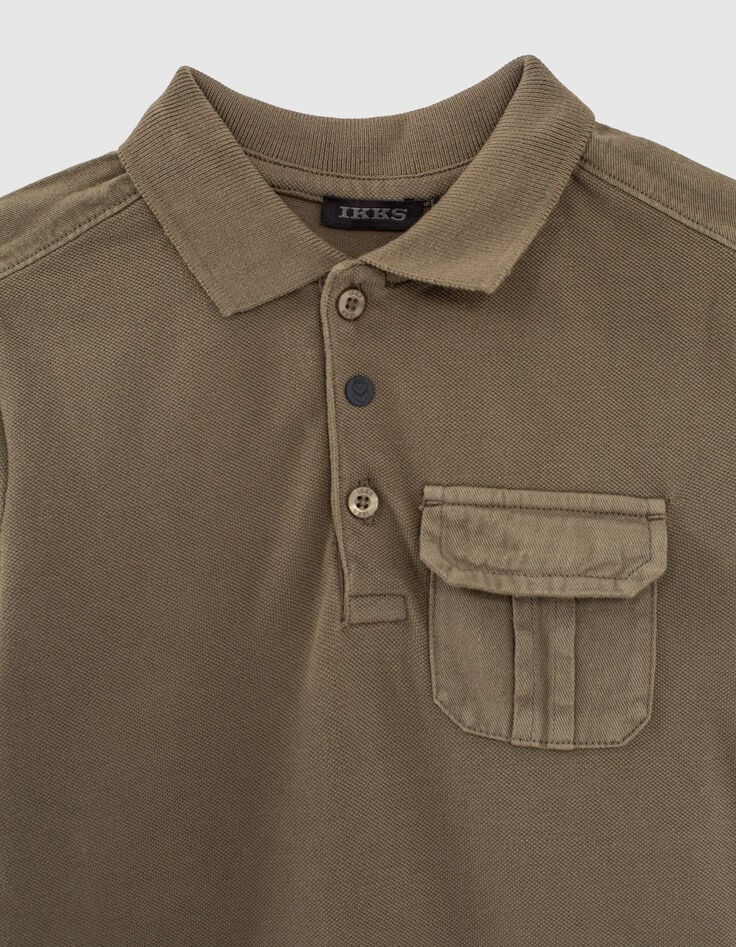 Boys’ dark khaki letter embroidery organic polo shirt-2 Boys’ dark khaki letter embroidery organic polo shirt-2