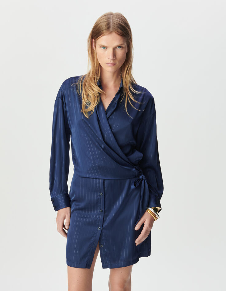 Robe chemise marine effet cache-coeur motif rayures Femme-2