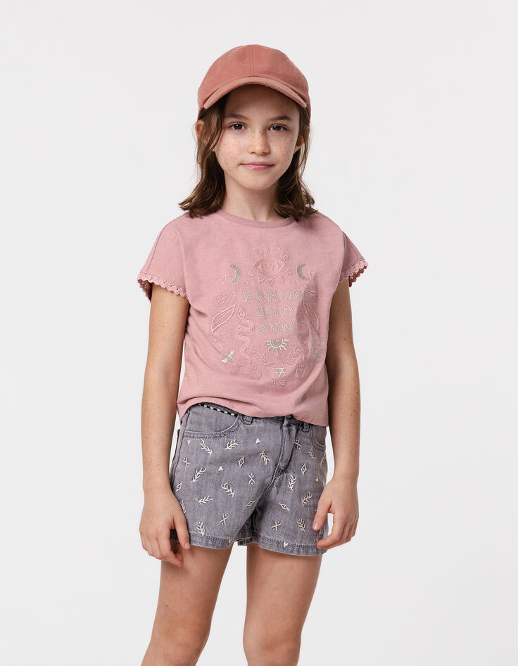 Short en jean gris coton bio brodé fille-2