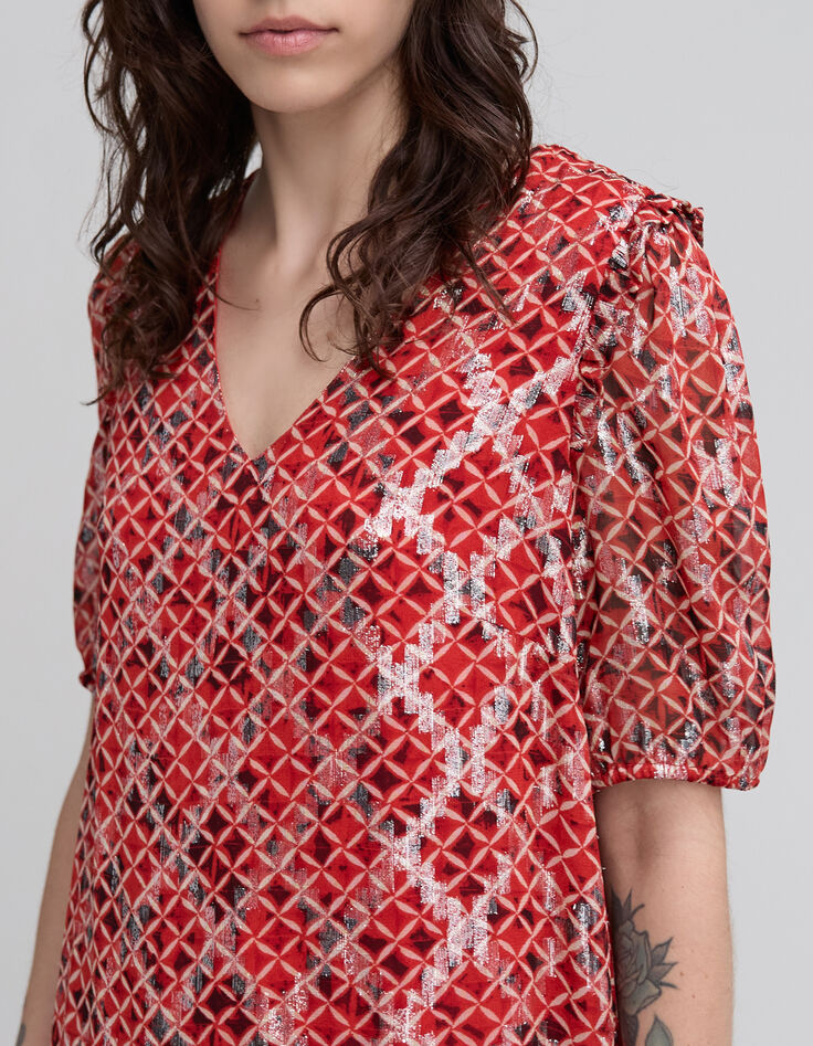 Robe courte en voile rouge imprimé Trellis femme