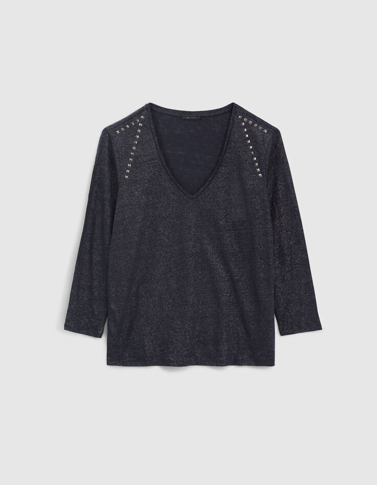Navy T-shirt in linnen foil sierstuds dames-1 Navy T-shirt in linnen foil sierstuds dames-1