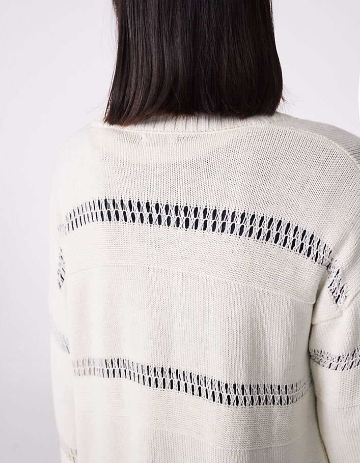 Lange Damenstrickjacke mit Streifen aus Fallmaschen-5