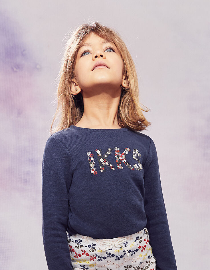 Blaues Mädchensweatshirt mit Blumenstickerei-1