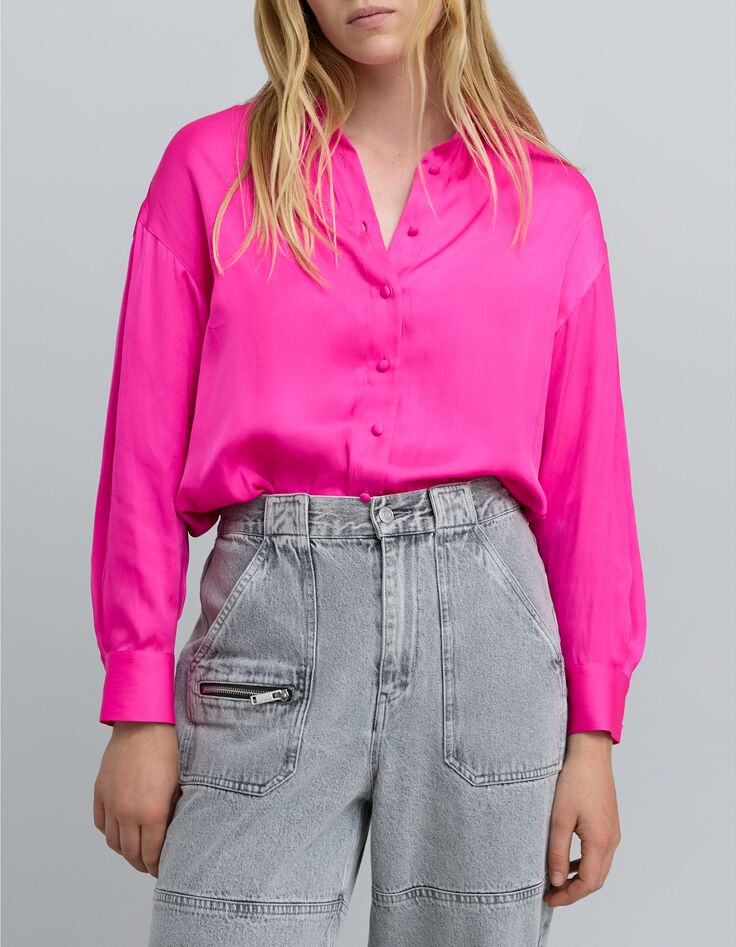 Chemise fuchsia satinée froissée Femme-2