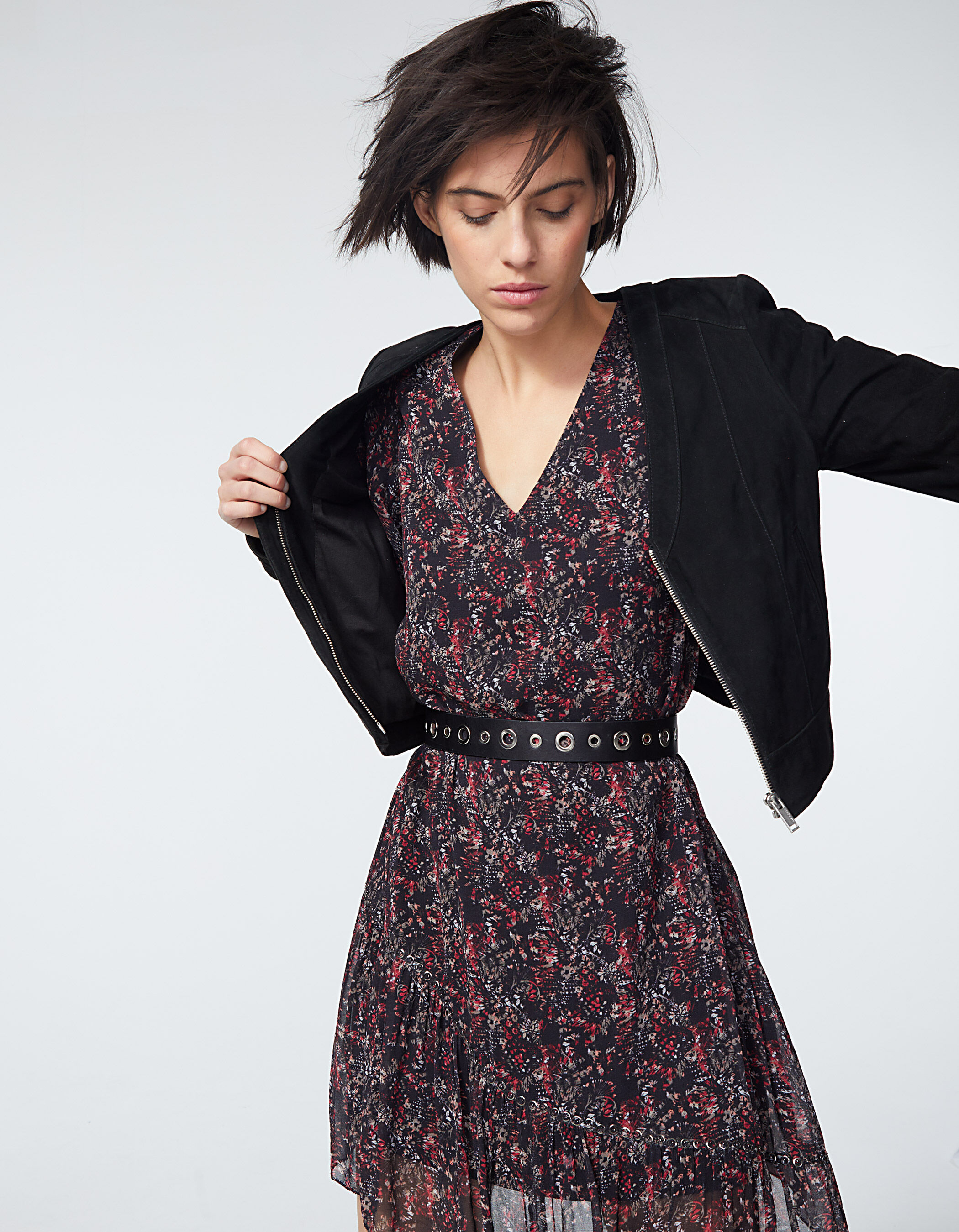 Blouson court en cuir de chevre noir femme