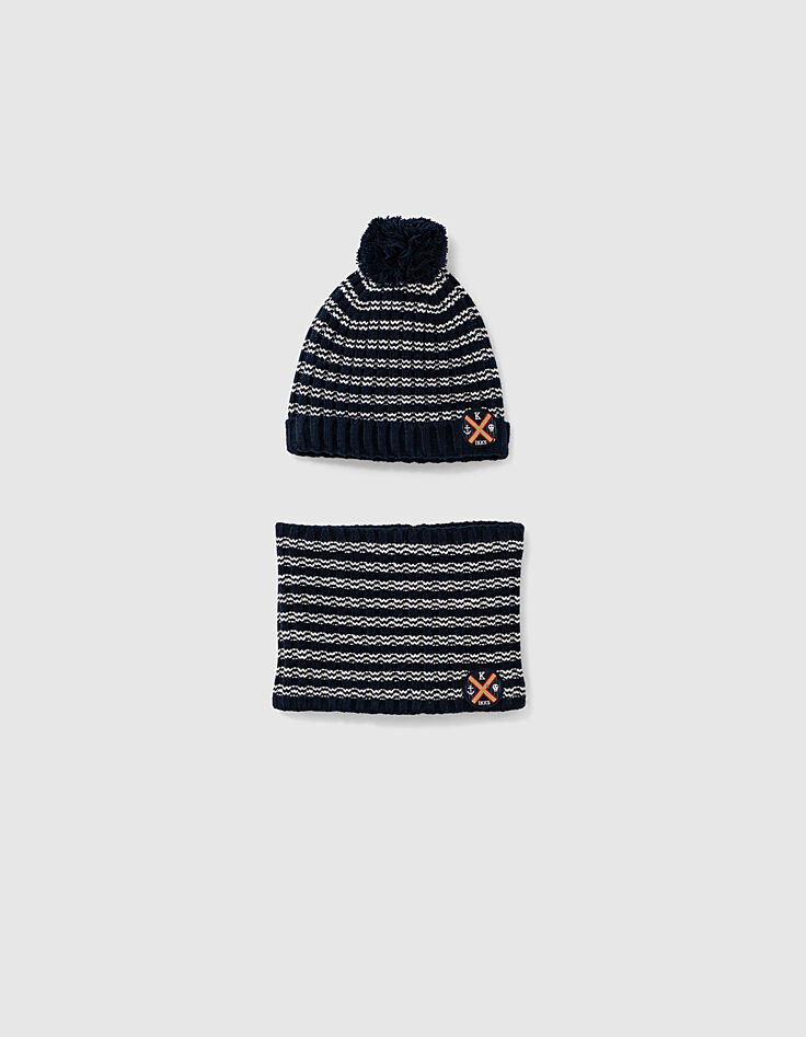 Gorro y cuello navy rayas blancas punto bebé niño -1