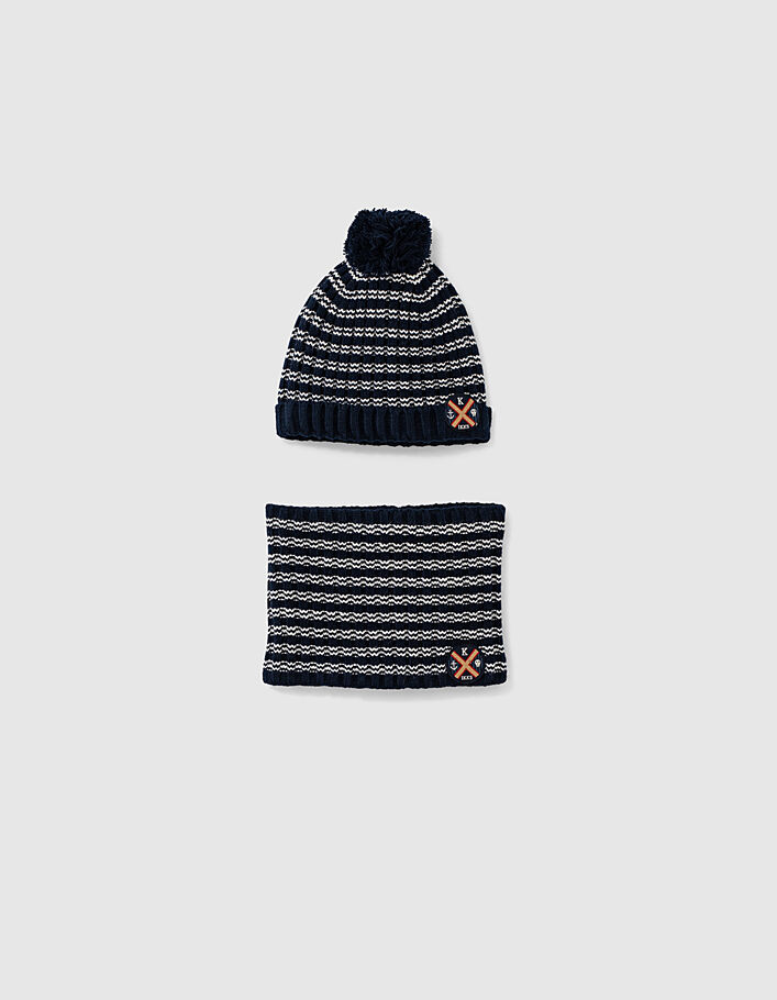 Baby boys’ navy and white striped knit beanie and snood  - IKKS