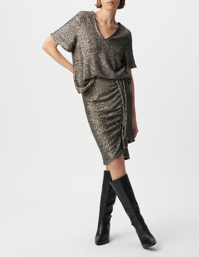 Jupe courte grise drap&eacute; asym&eacute;trique sequins m&eacute;tallis&eacute;s Femme - IKKS
