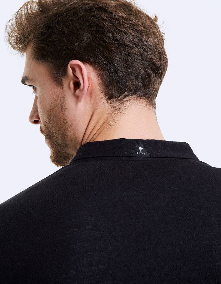 Men's black mixed linen long-sleeved polo shirt - IKKS