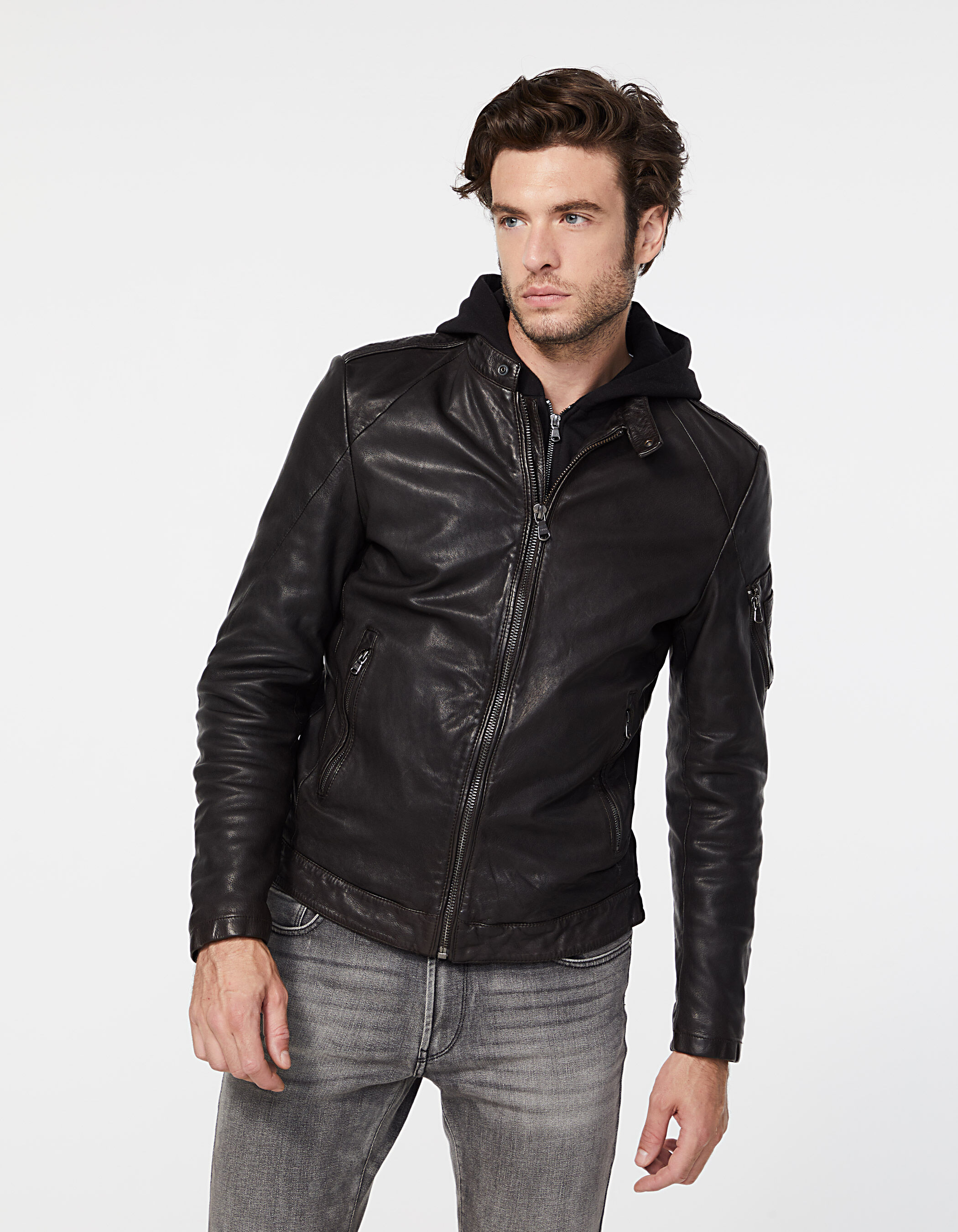 Men s black leather sweatshirt fabric hooded jacket