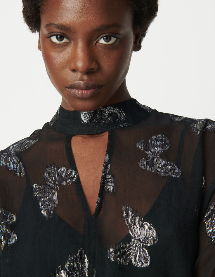 Schwarze Schmetterlingsbluse aus Jacquard f&uuml;r Damen-5