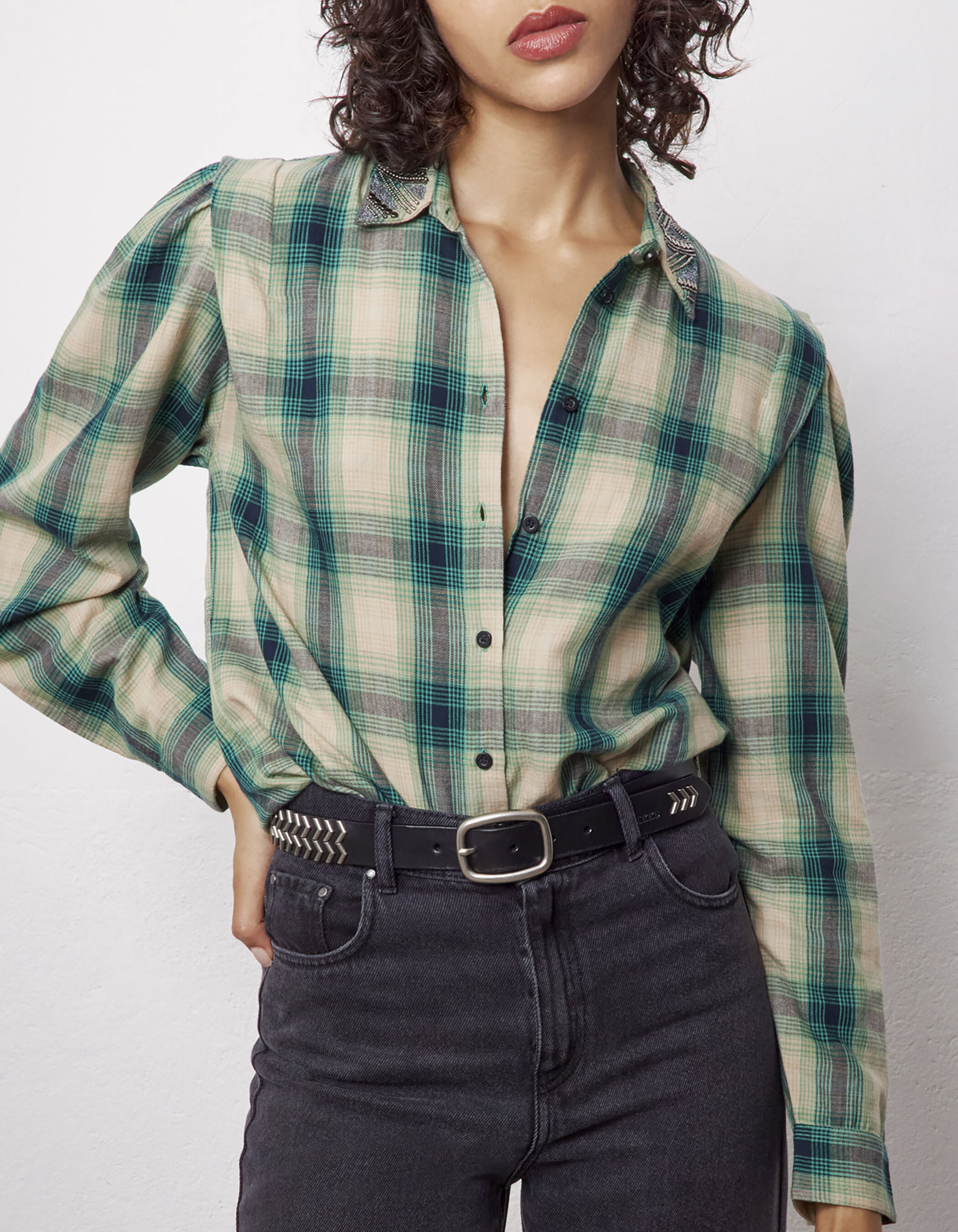 Women s green and white check cotton shirt with badge