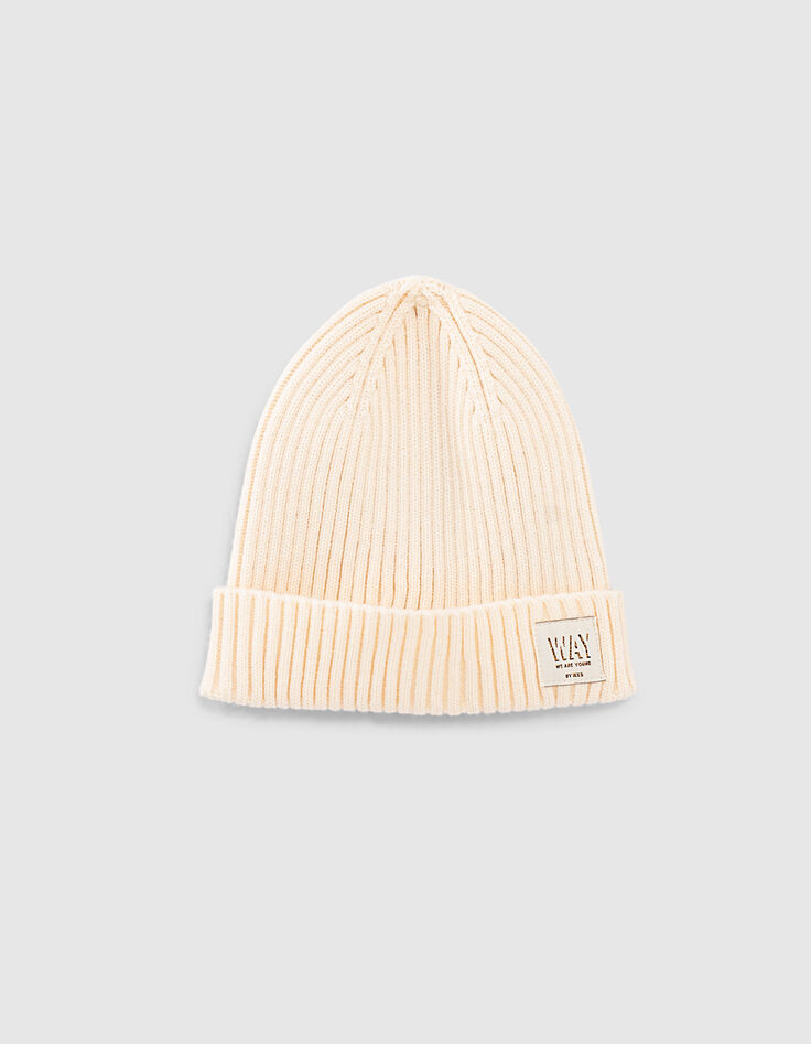 Girls’ ecru ribbed knit beanie-1