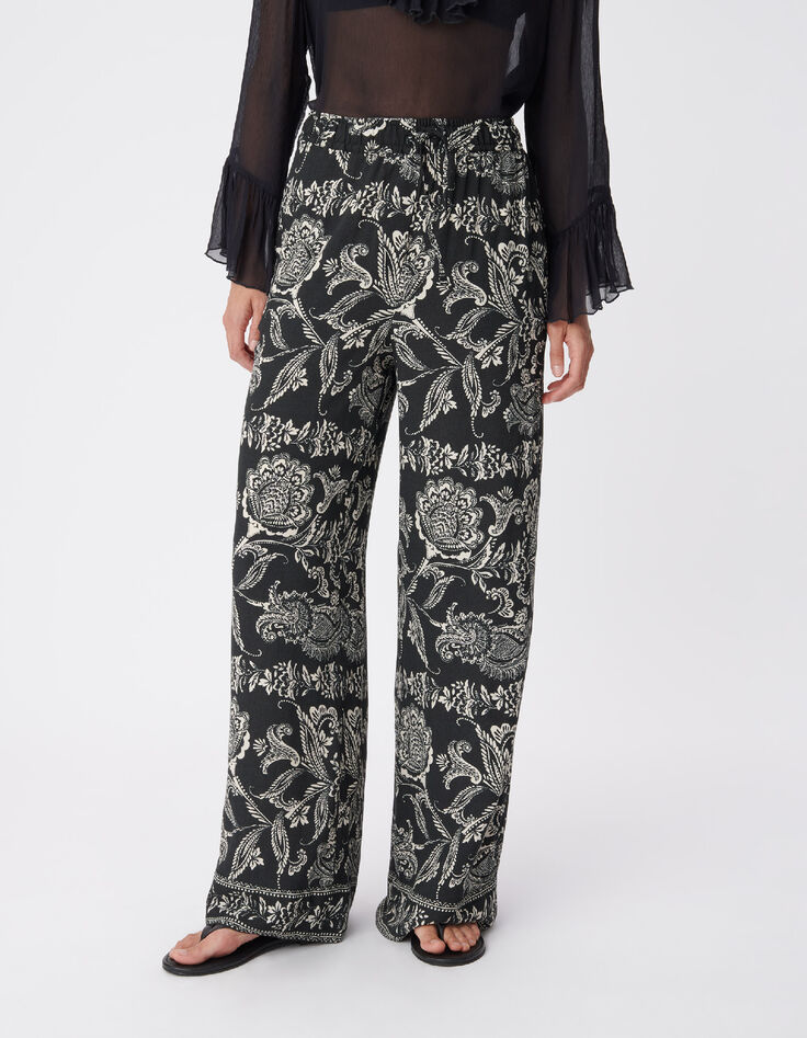 Zwarte wijde pantalon met bloemenprint voor dames-3