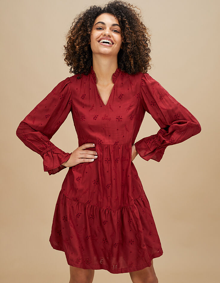 I.Code garnet red dress with ruffles & eyelet embroidery-2