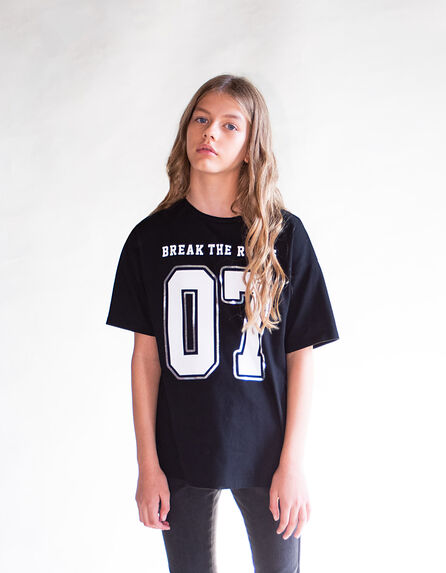 Girls’ black XL number and slogan organic T-shirt