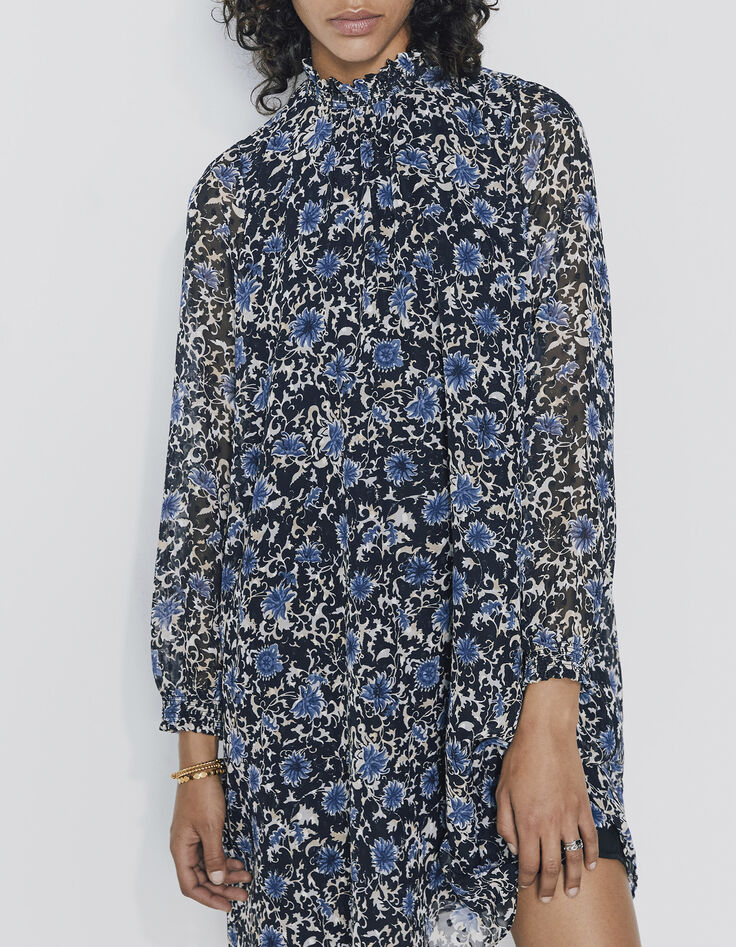 Women’s blue flower print dotted Swiss voile short dress-4