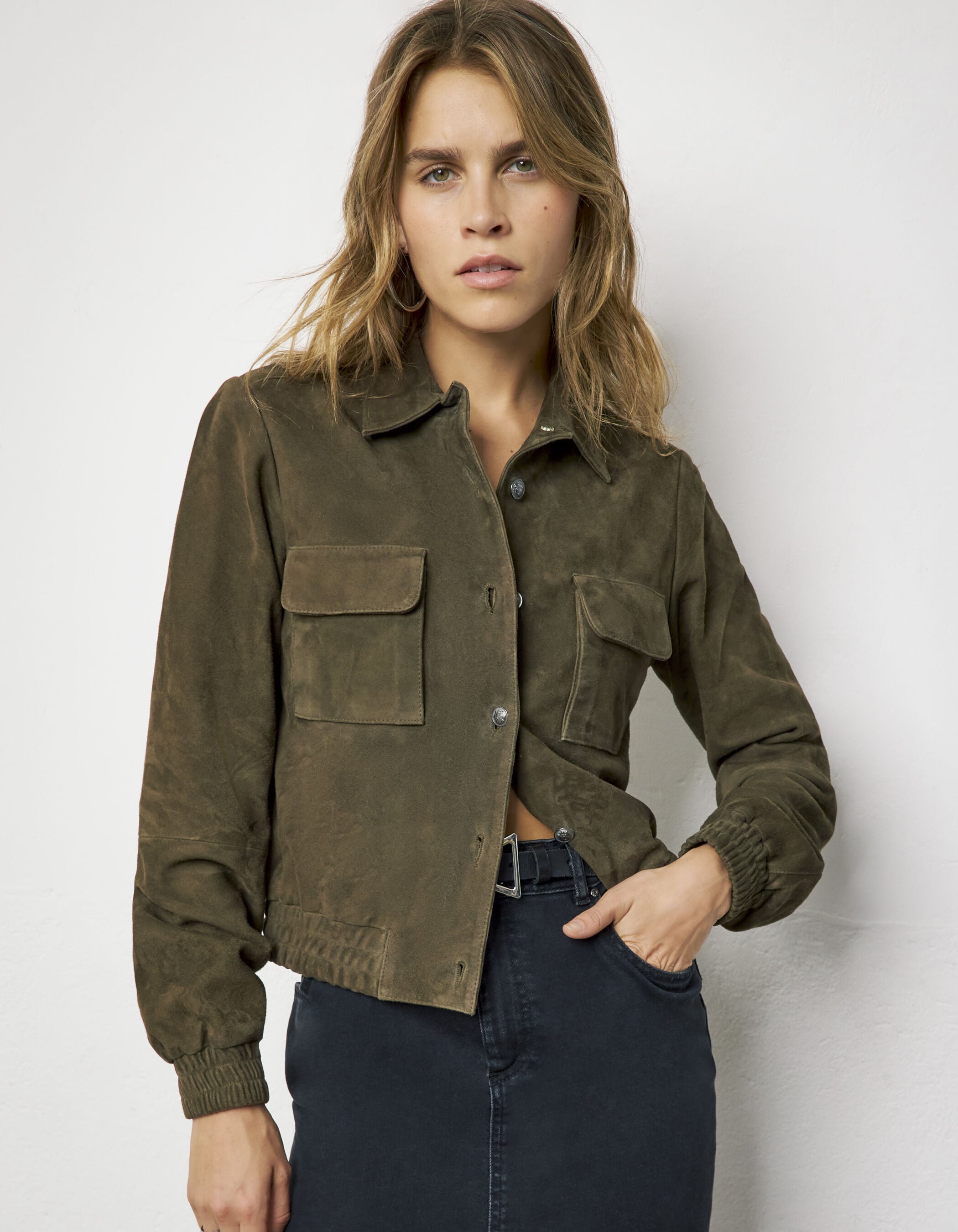 Women's khaki goatskin suede short jacket