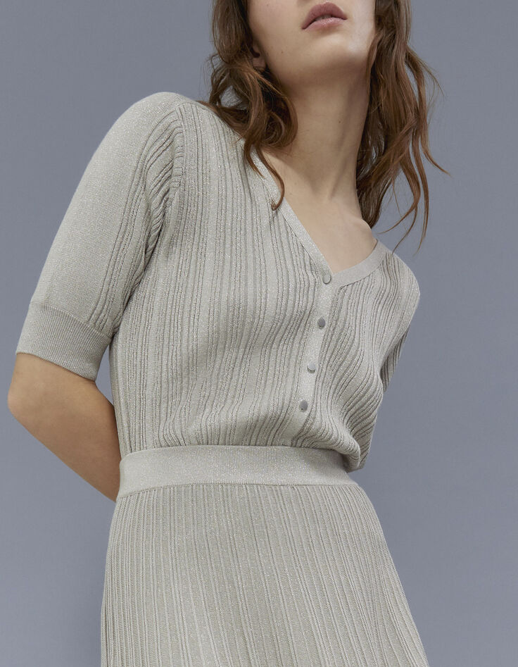 Cardigan champagne en tricot côtelé lurex Femme-1