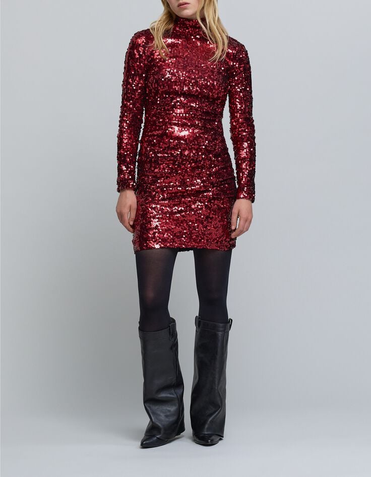 Vestido bermellón efecto drapeado bordado con lentejuelas para mujer-2 Vestido bermellón efecto drapeado bordado con lentejuelas para mujer-2