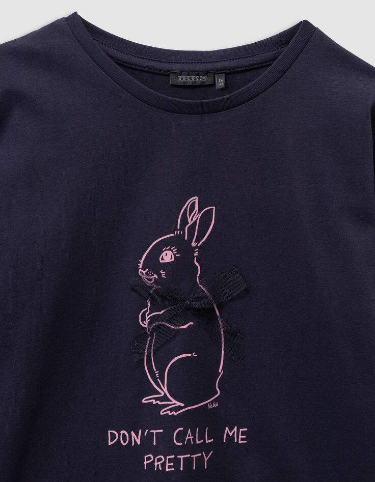 Marineblaues Mädchen-T-Shirt Biobaumwolle Hase Band 3D-3 Marineblaues Mädchen-T-Shirt Biobaumwolle Hase Band 3D-3