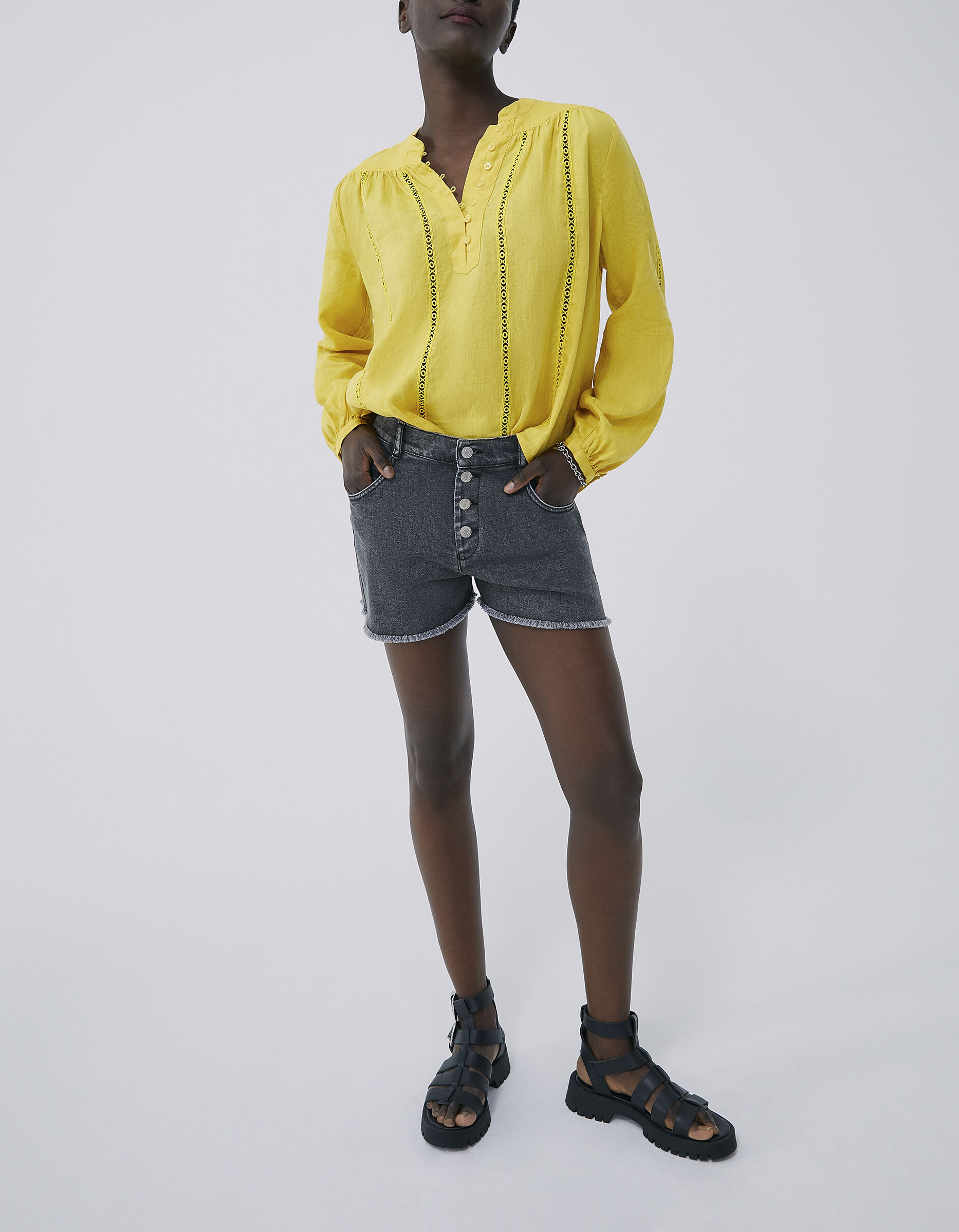 Women s yellow linen blouse with guipure lace bands