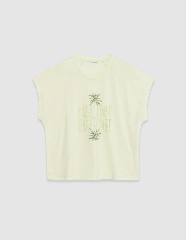 Groen visueel T-shirt met palmbomen en glitterboodschap voor Dames-5