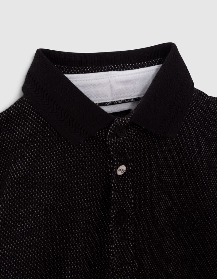 Boys’ black polo shirt, white trompe-l’oeil shirt collar - IKKS