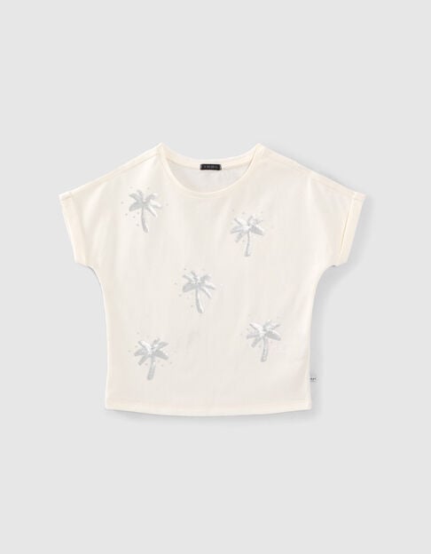 Ecru T-shirt met geborduurde palmen en lovertjes meisjes - IKKS