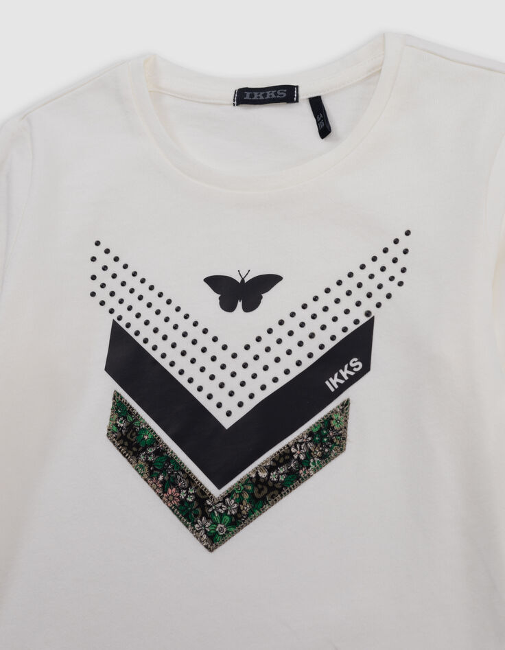 Ecru multi-material herringbone t-shirt for girls-2 Ecru multi-material herringbone t-shirt for girls-2