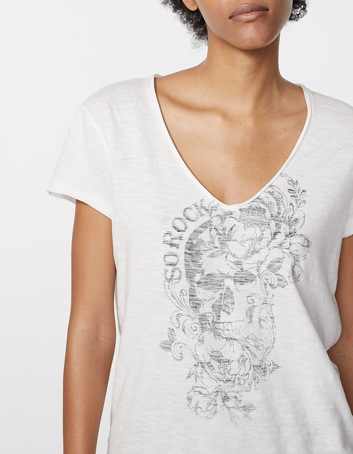 Tee-shirt V en coton biologique flammé visuel devant femme - IKKS