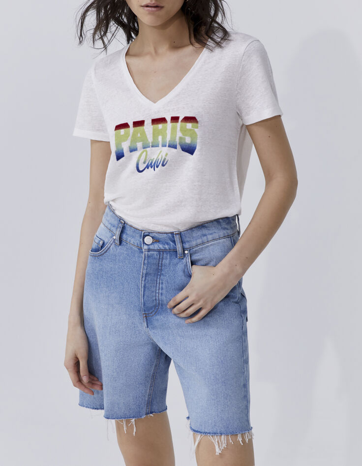 Tee-shirt blanc à message floqué deep dye Femme-1