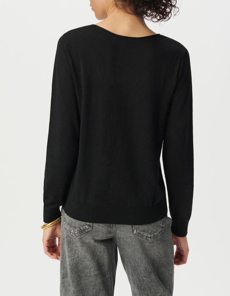 Schwarzer Damenpullover mit V-Ausschnitt und Spitze-3