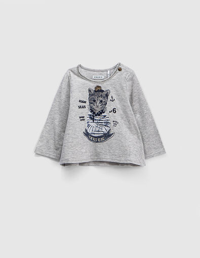 Girls’ mid-grey marl cat in sailor top graphic T-shirt - IKKS