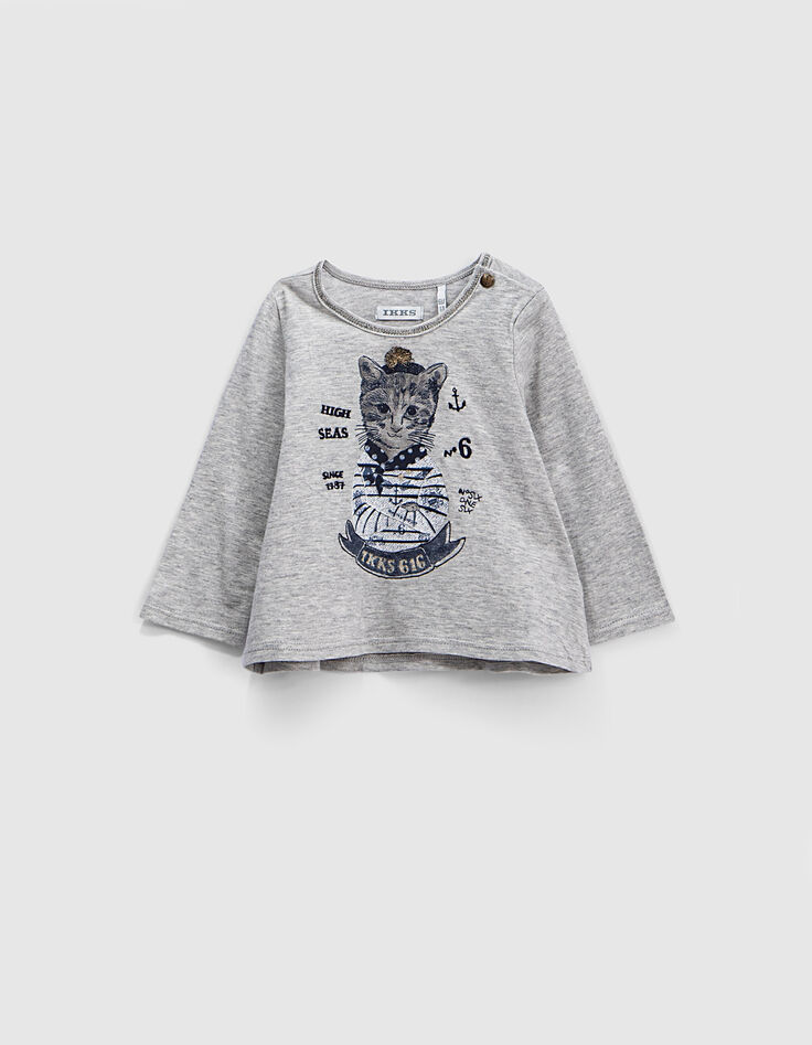 Camiseta gris jaspeado visual gato bebé niña-1 Camiseta gris jaspeado visual gato bebé niña-1