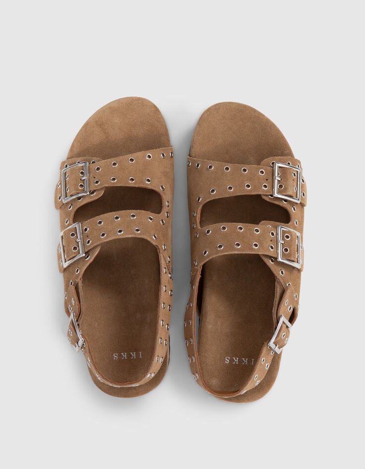 Women's sand suede sandals with eyelet straps-7