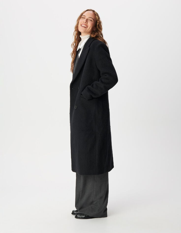 Manteau long noir effet poilu Femme-2