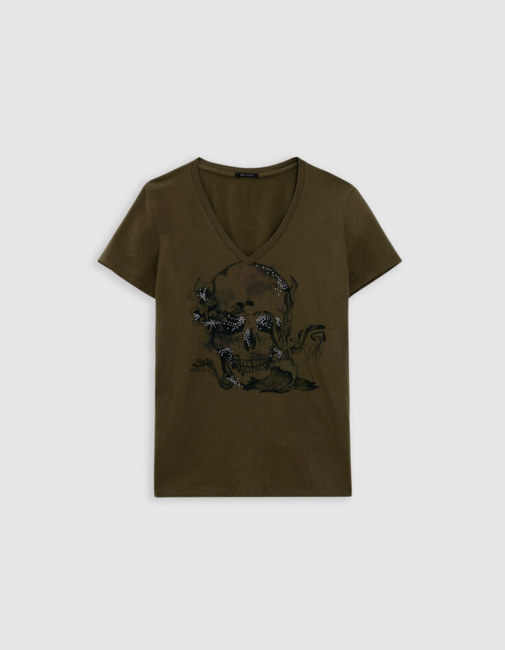 Tee-shirt encolure V kaki visuel t&ecirc;te de mort-5