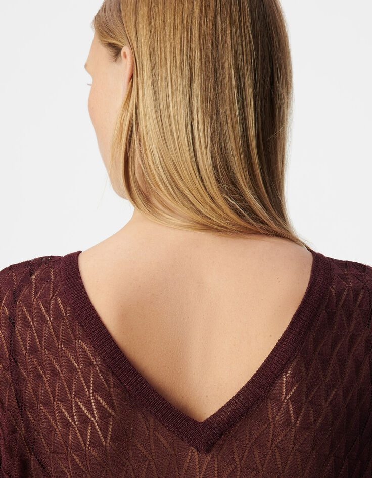 Pull bordeaux tricot fin ajouré lurex Femme-5