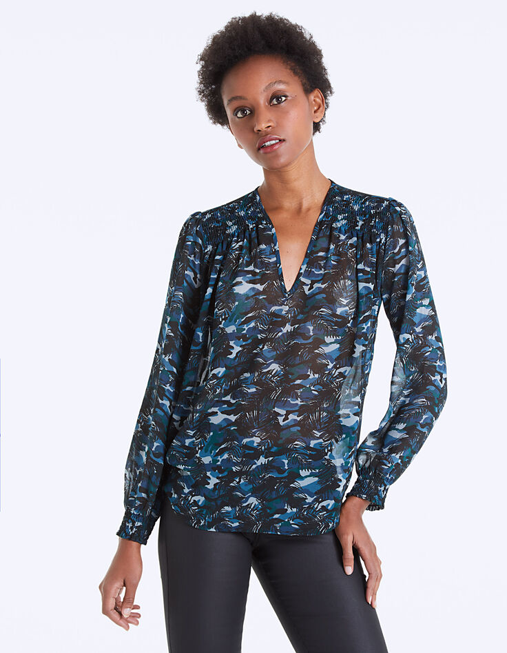 Blouse voile imprimé jungle smocks épaules femme-2